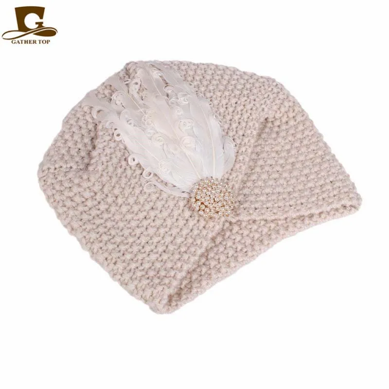 

New women noble knit turban beanie cap feather costume Arabian Prince Hat winter crochet handmade cap