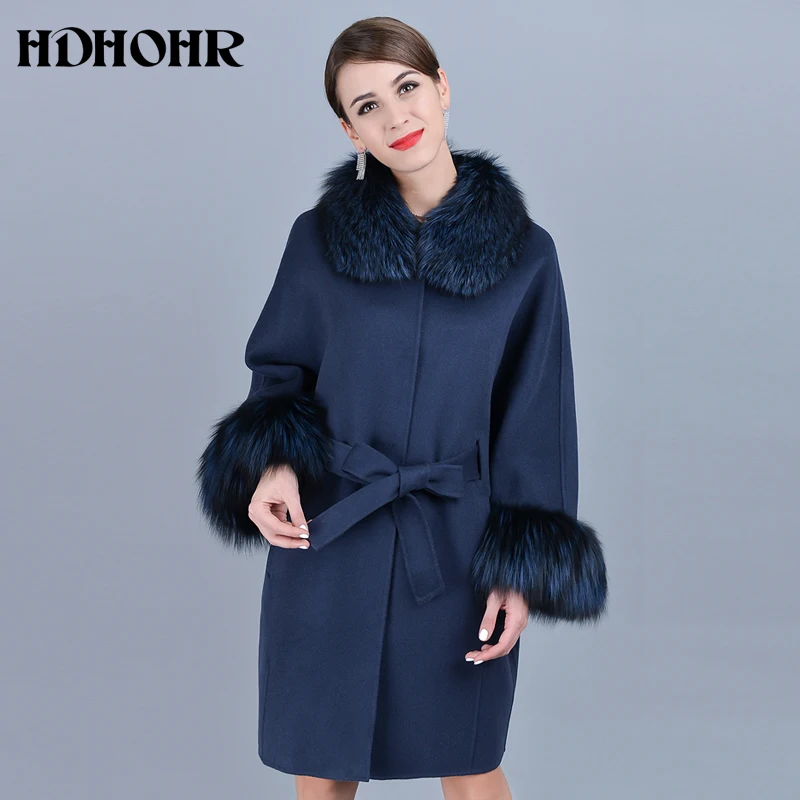 HDHOHR, горячая распродажа, кашемировое пальто для женщин, зимнее, рукав, воротник с натуральным лисьим мехом, куртка из натурального Лисьего меха, пальто для женщин