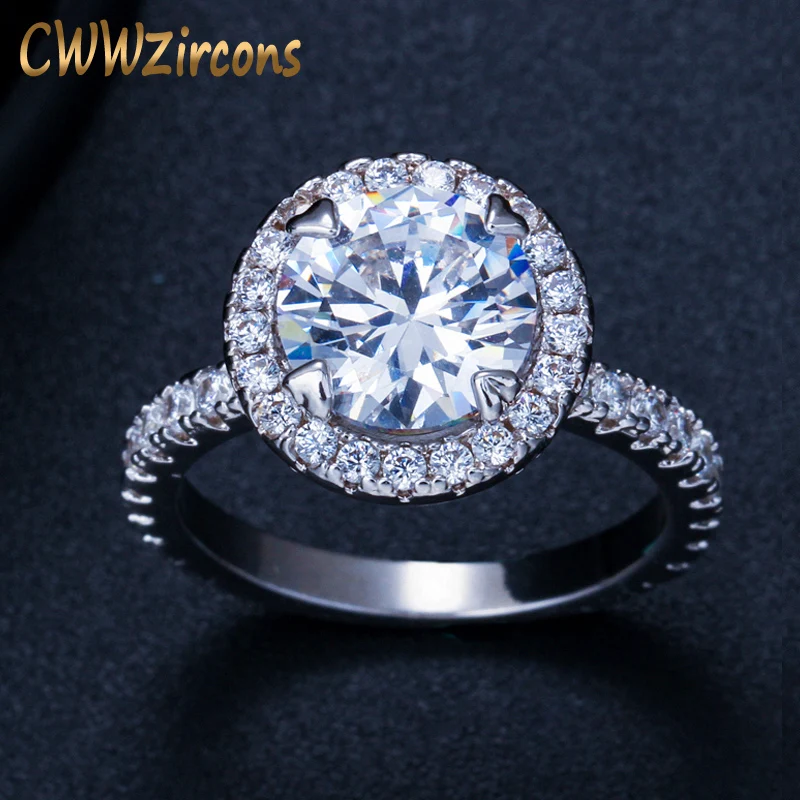 

CWWZircons Gorgeous Big Halo Engagement Rings Jewelry Silver Color Round Fashion Cubic Zirconia Sona Wedding Ring for Women R108