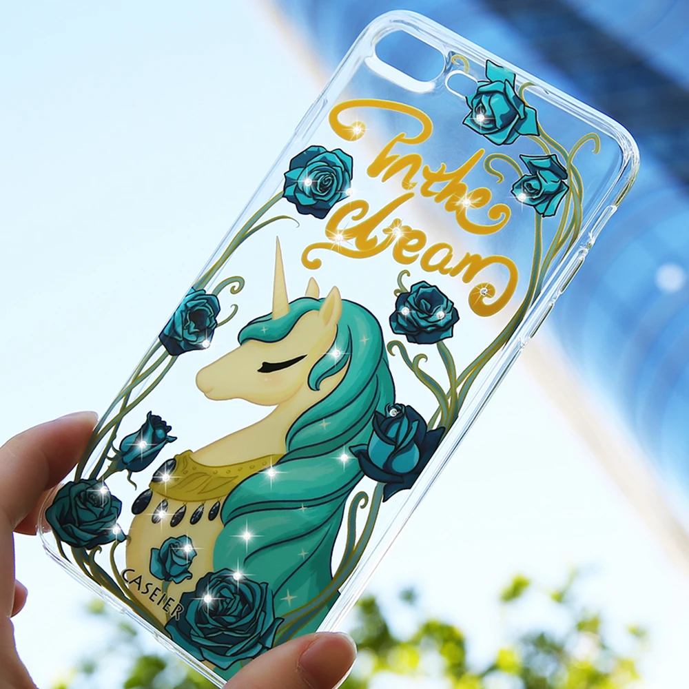Caseier Единорог рисунком чехол для iPhone 6 6S 7 8 plus со стразами Чехол IPhone X 10 5 5S SE телефон