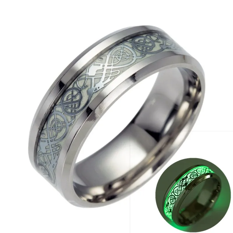 Yellow Glowing Luminous Dragon Rings Men Stainless Steel Glow in the Dark Fluorescent Ring Women Wedding Aneis Fashion Jewelry - Main Stone Color: JR8003SLGR