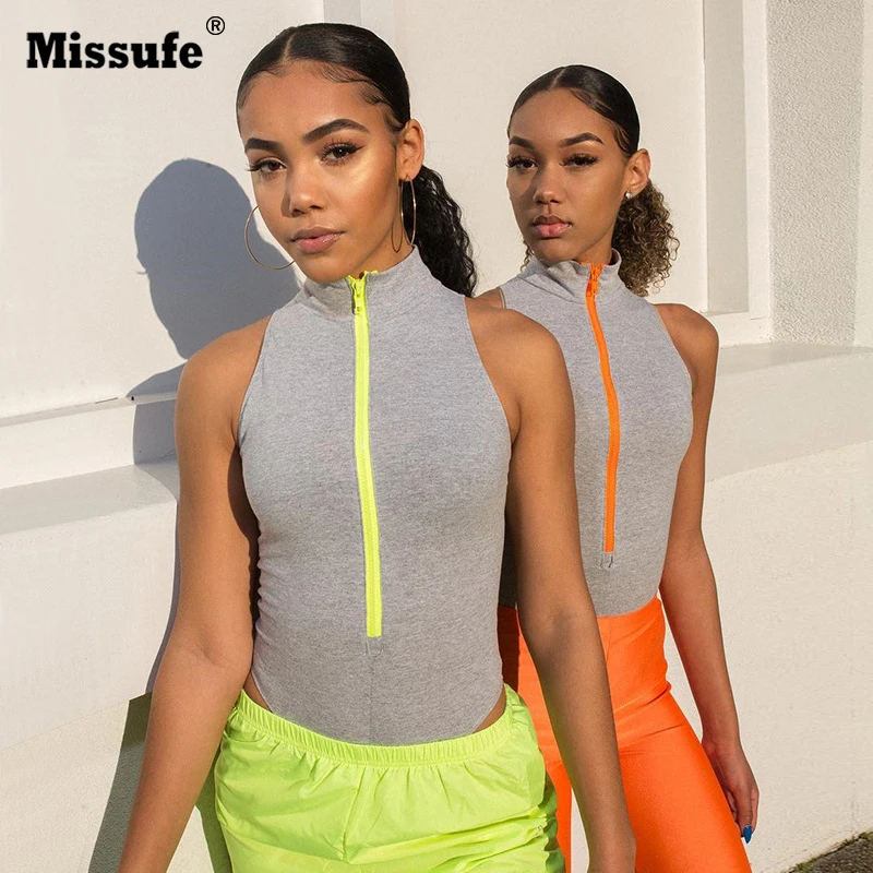 Missufe лето без рукавов молнии боди сексуальные пуловеры комбинезон женский