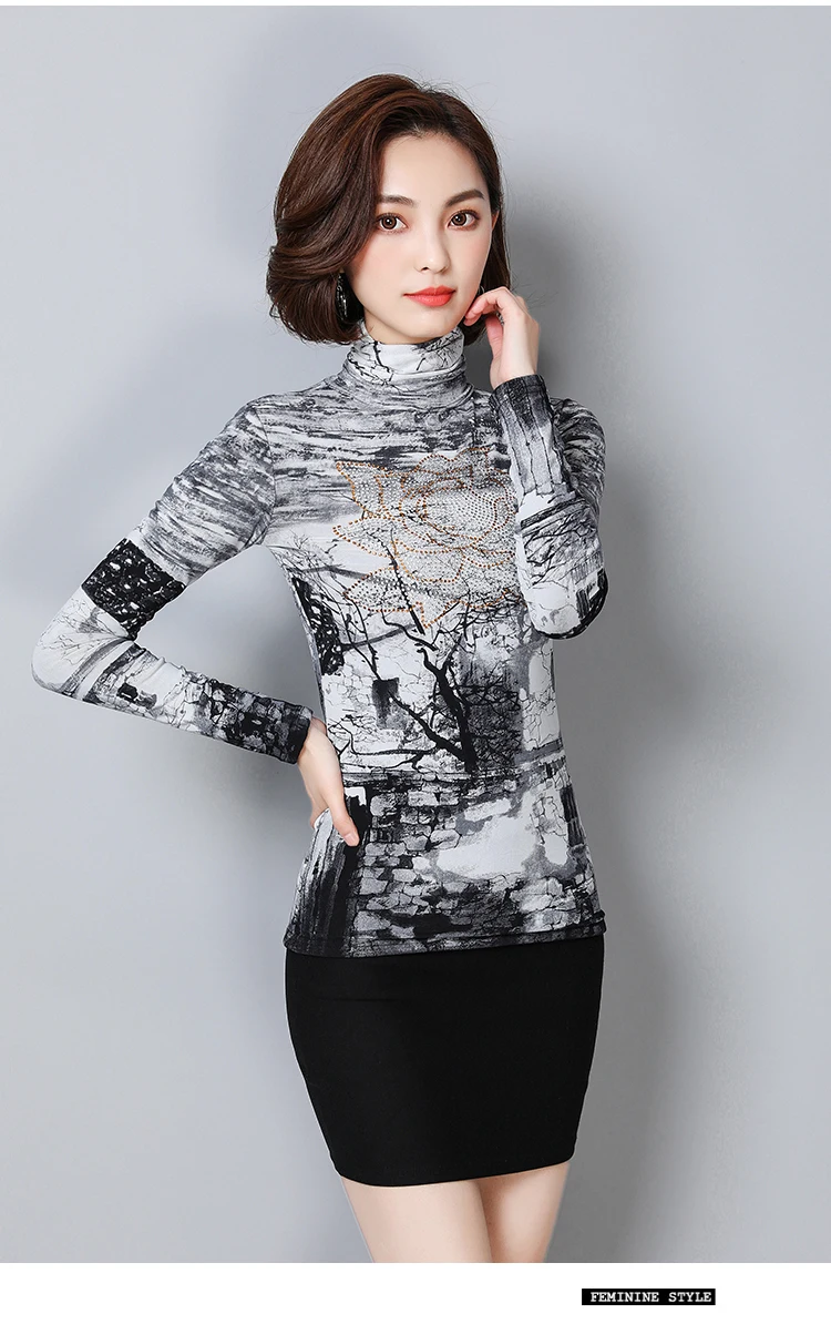 Женские блузки, элегантные, размера плюс 6XL, зимние, плотные, теплые, с высоким воротом, с принтом, женские блузки, рубашки, женские топы, плюс вельветовые Блузы