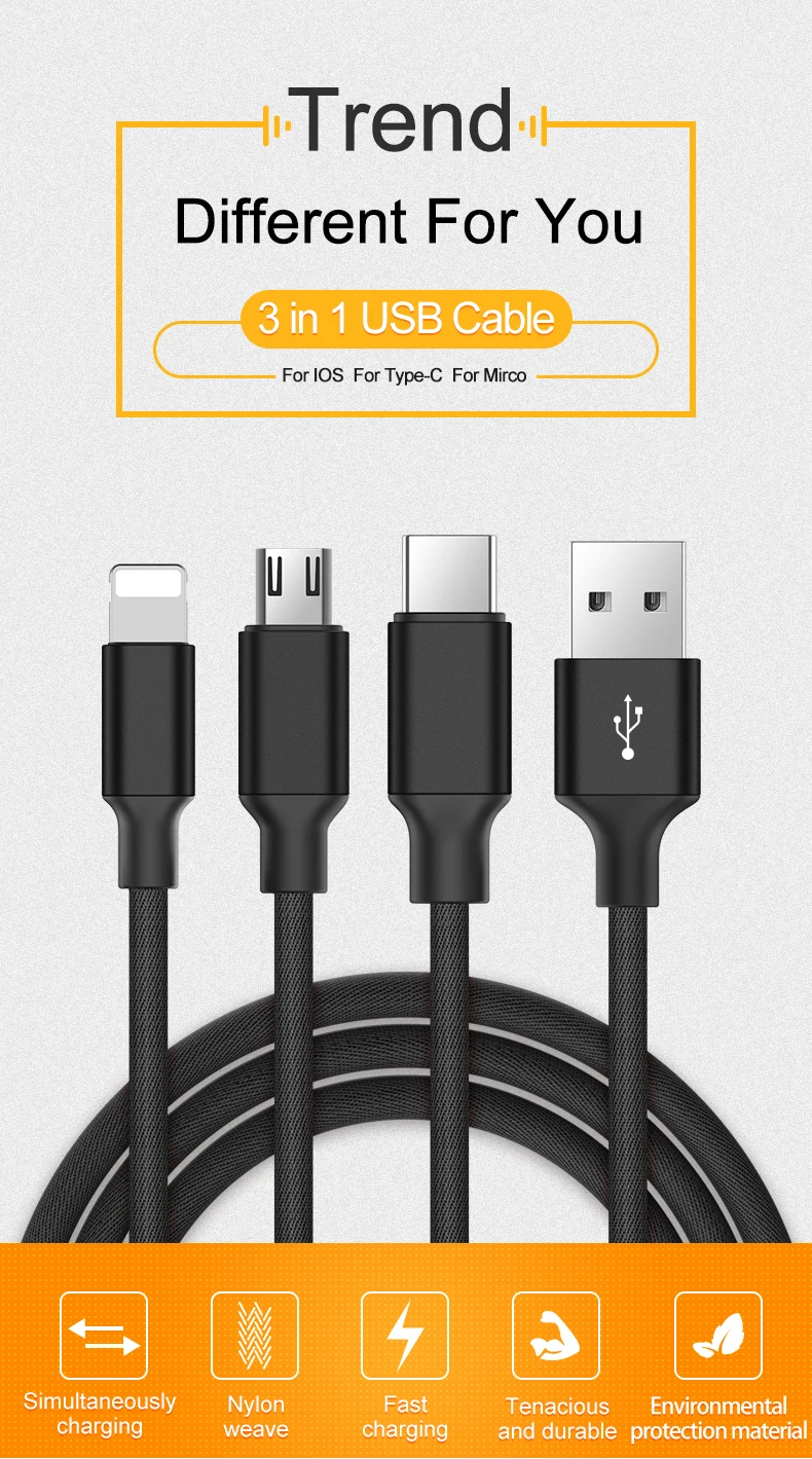 GUSGU 3 в 1 USB кабель для iPhone 5 SE 6 7 8 X type C кабель для быстрой зарядки для Xiaomi huawei MacBook Micro дата кабель для Android