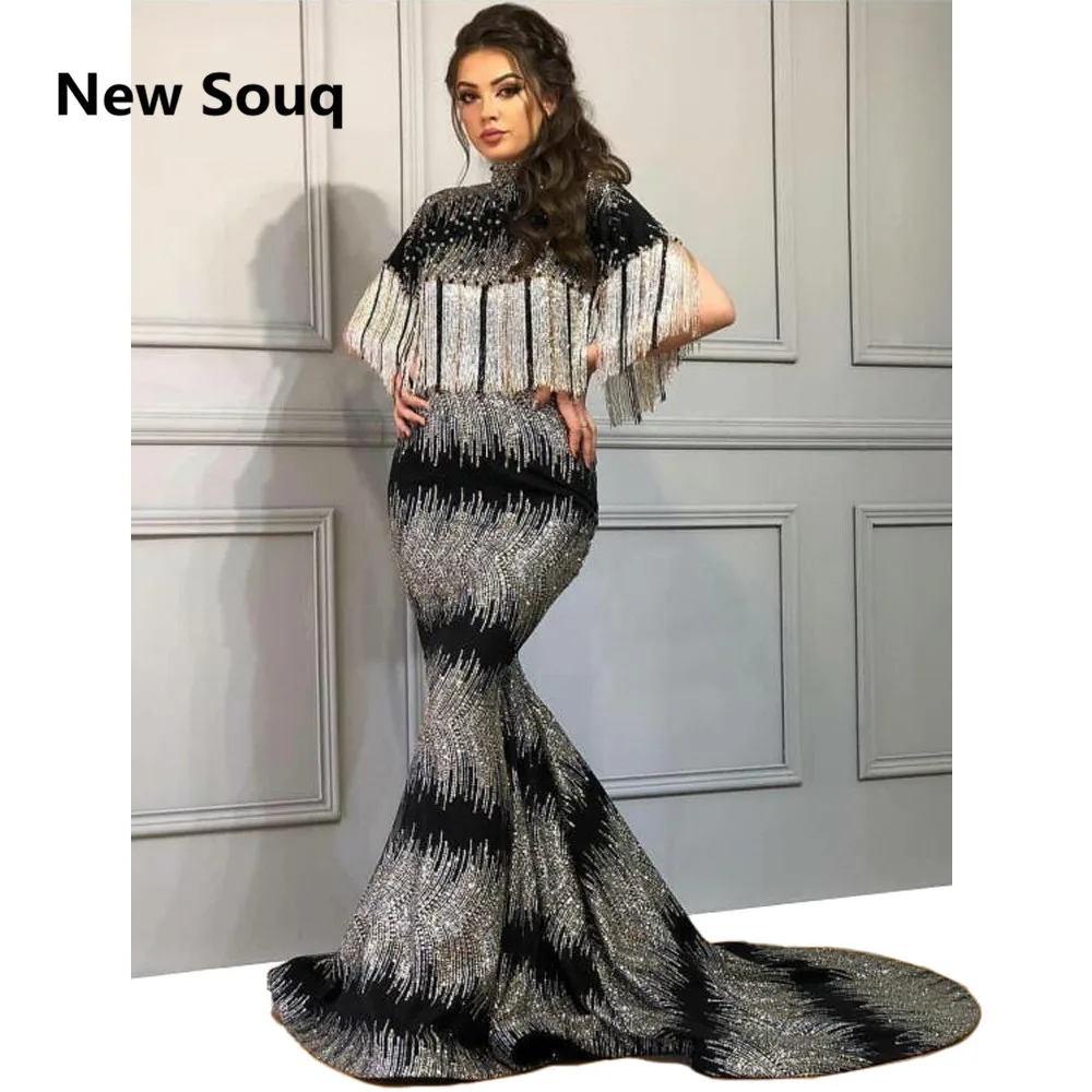 

Shining Tassel Sequined High Neck Mermaid Evening Dresses Saudi Arabic Middle East Evening Gowns Prom Dress