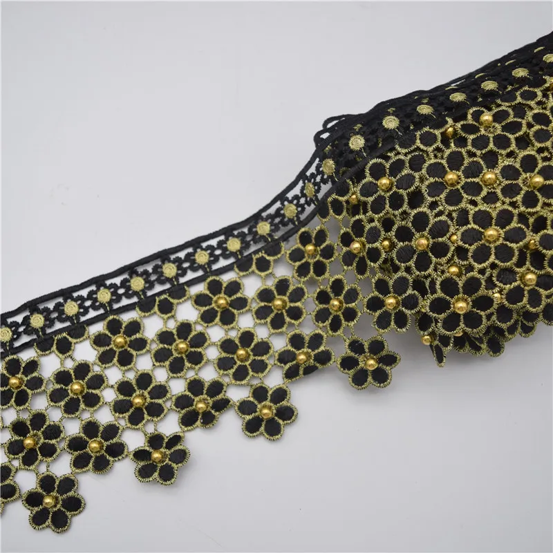 10 ярдов золотистого и черного бисера кружево с металлической вышивкой Нигерия