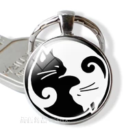 vintage two yin yang cats pendant key chain metal key ring cabochon keychain fashion women accessories men jewelry key chain