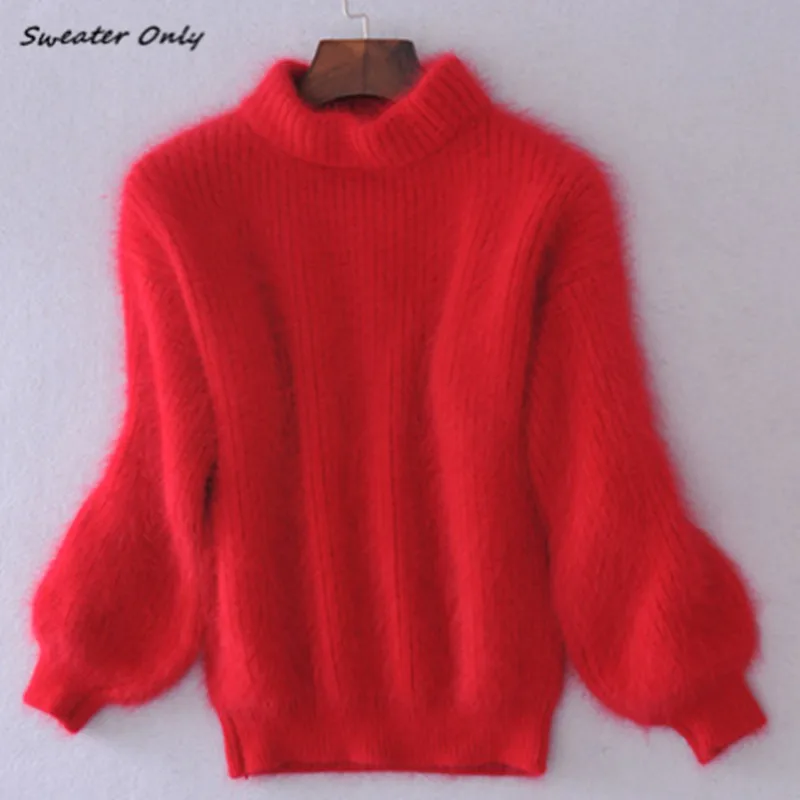 Женский мохеровый свитер Свободный пуловер с рукавами-фонариками воротником до