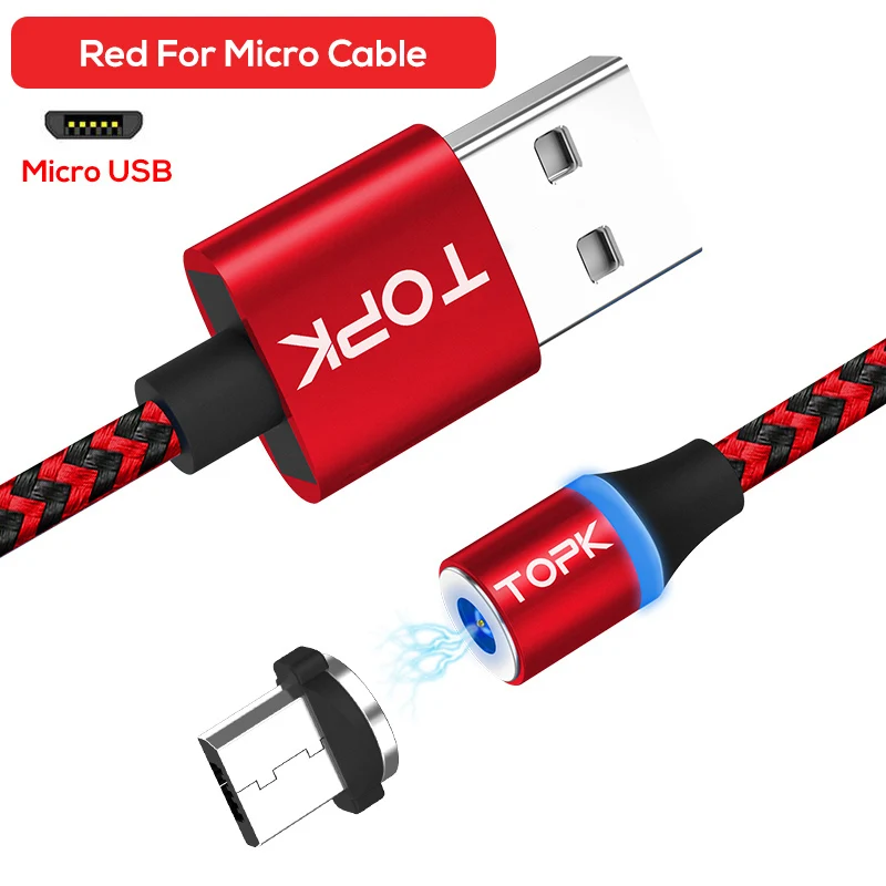 TOPK RLine-R светодиодный магнитный Micro USB кабель для Xiaomi Redmi Note 5 samsung Galaxy S7 кабели для мобильных телефонов магнитное зарядное устройство Microusb - Цвет: Red Micro Cable