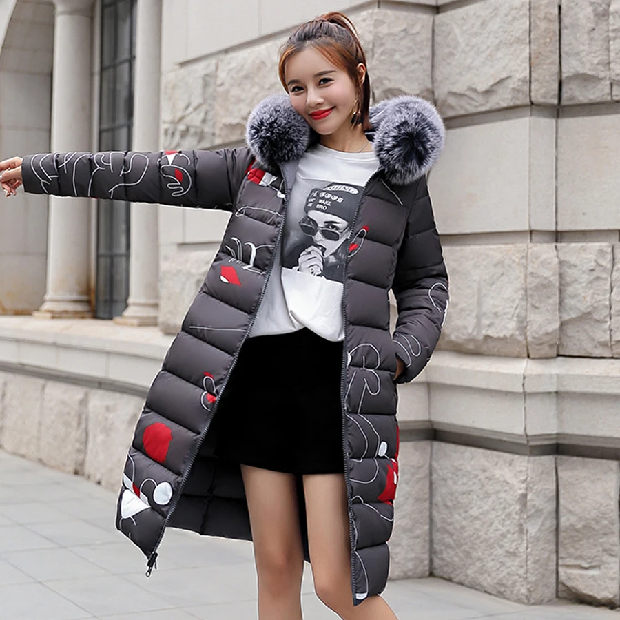 MANDADI winter clothes women fashion cotton padded winter coat women fur collar outerwear hooded print long jacket female