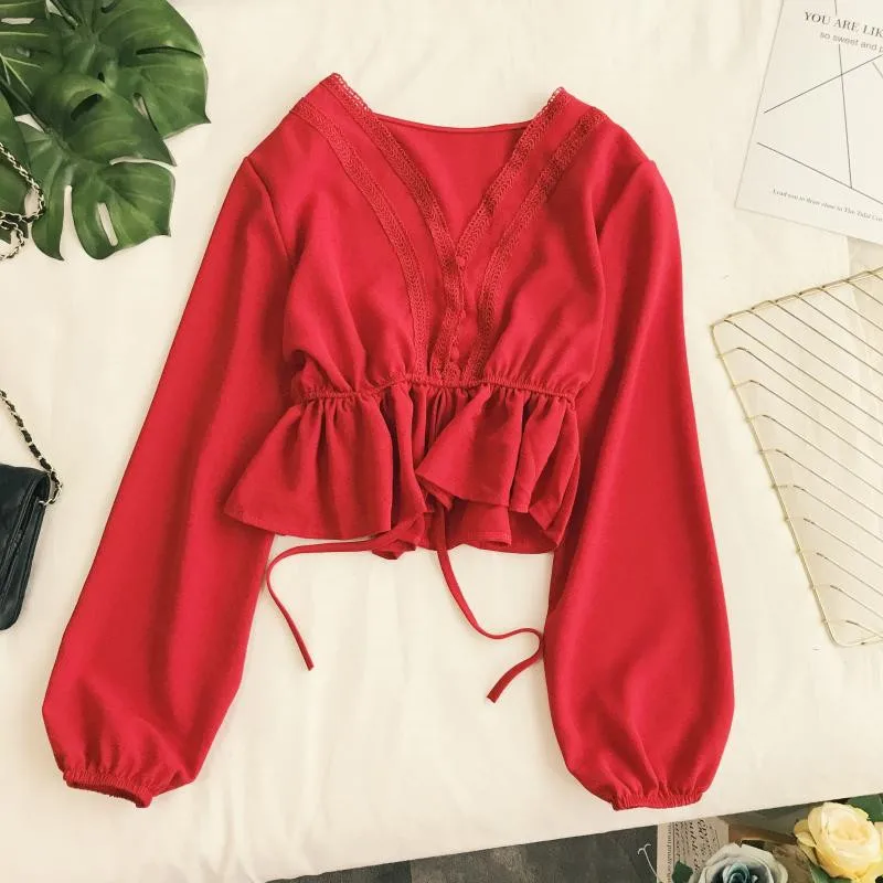 red shirt Neploe, одноцветная, с поясом, Регулируемая Талия, женская блузка, Ретро стиль, элегантная, грация, женский топ,, осень, новая мода, шик, рубашки 68851 - Цвет: red shirt