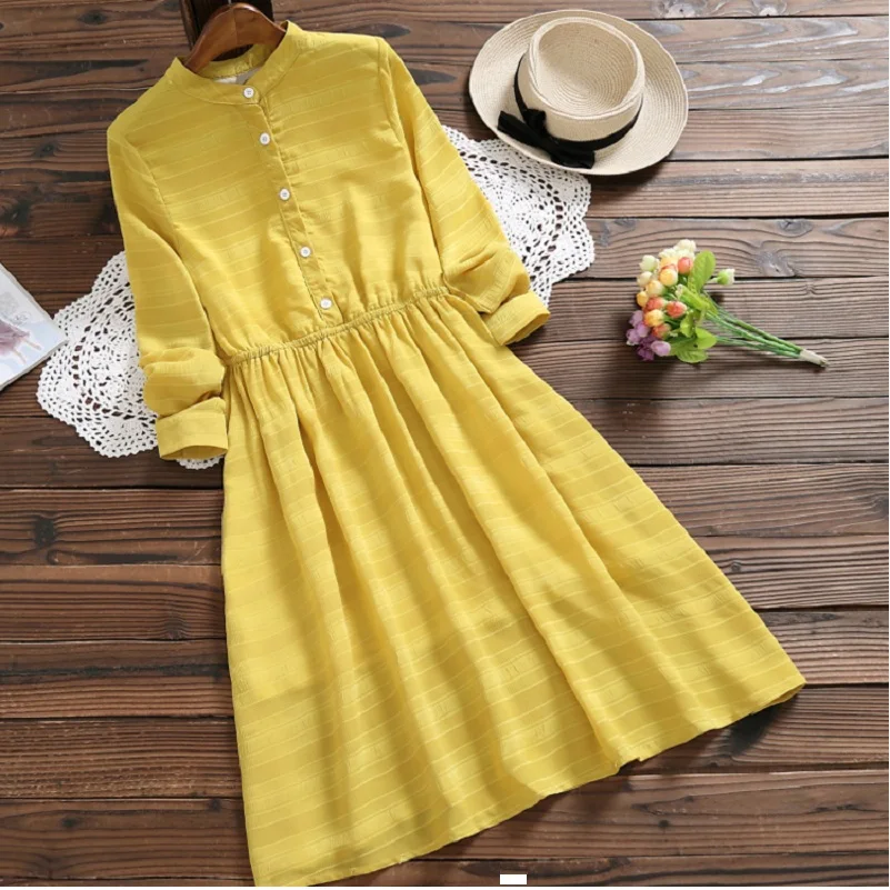 Демисезонный Mori Girl Для женщин одноцветное платье Стенд воротник Желтый Vestidos Feminino