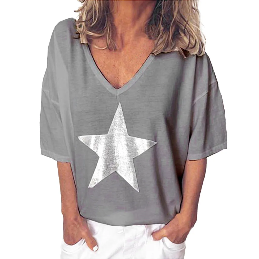 Бесплатная страуса Для женщин рубашки v образным вырезом Серый летние однотонные