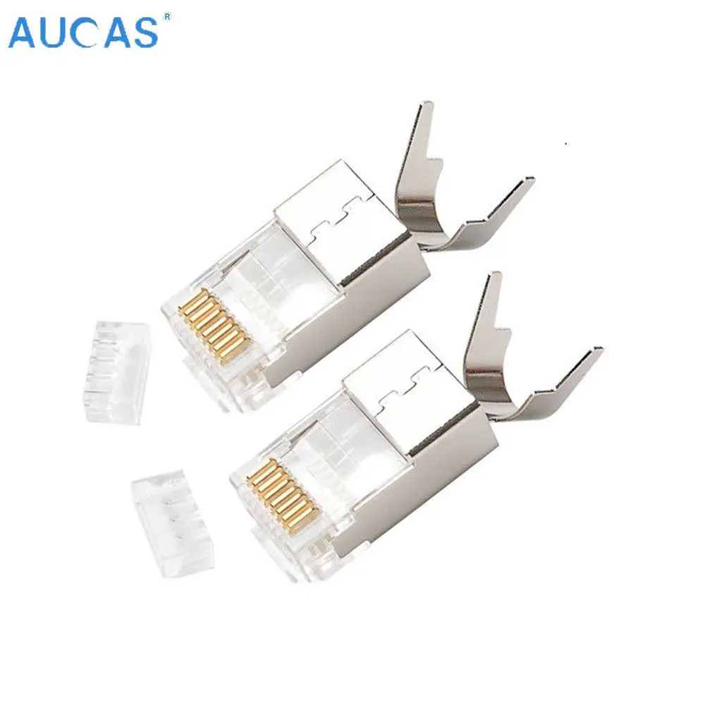 10/50 шт Aucas CAT7 RJ45 Подключите щит FTP 8P8C сети обжимной соединитель 1 45 mmgold plated
