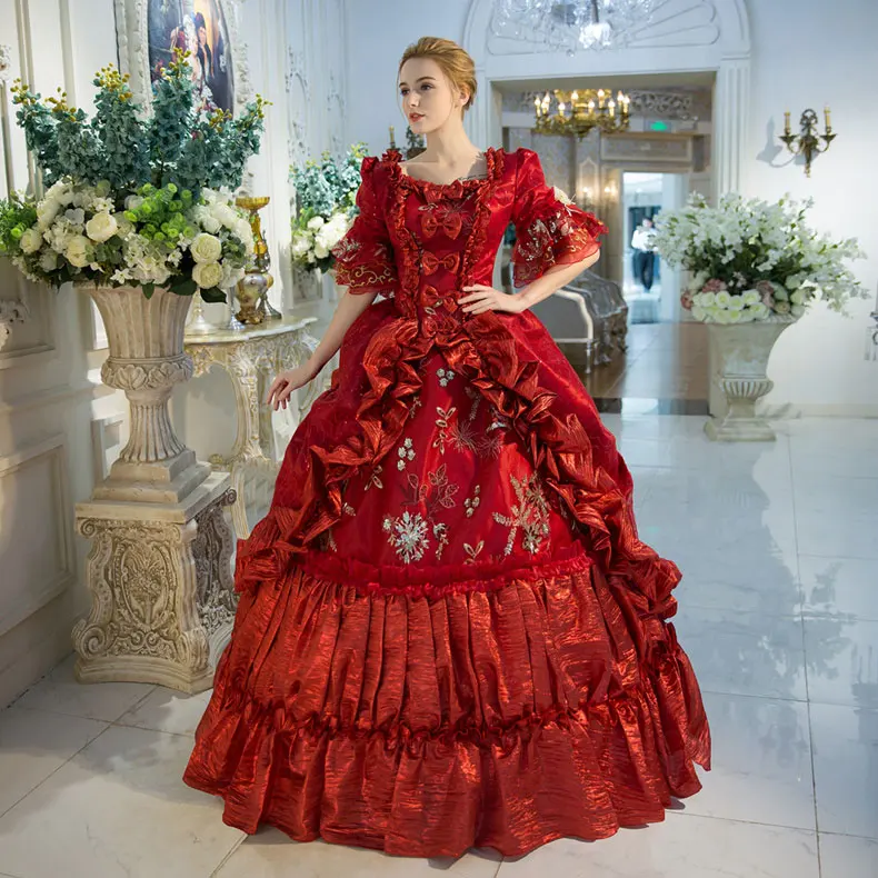 

2018 Royal Red Floral Print Medieval Victorian Dress Marie Antoinette Masquerade Ball Gowns Drop Shipping
