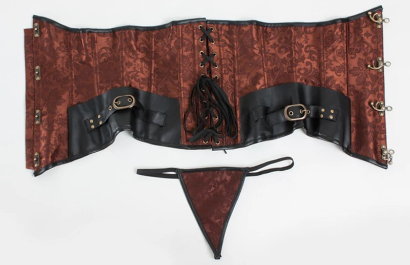 Корсет в стиле стимпанк из коричневой парчи и черной кожаной стали корсет на