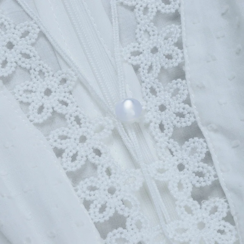 

Beateen 2019 New Sweet Girls V Neck Long Sleeves Floral Lace Pearl Closure Crochet A-line Skater Mini Dress White