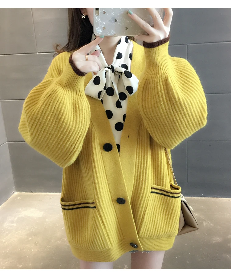 Preppy Style Loose Elastic Slim Patchwork Colors Sweater Cardigan Women Lantern Sleeve Knitted Single-breasted Outwear |