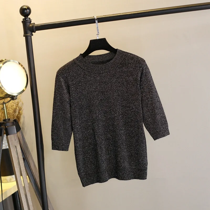black shiny sweater Блестящий женский свитер, пуловеры, вязаный свитер, базовые вязаные топы, корейский стиль, трико, женский джемпер с коротким рукавом, блестящий Повседневный Топ - Цвет: black shiny sweater