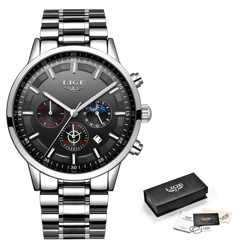 Relogio Masculino LIGE модные мужские часы с хронографом Moon phase Топ бренд Бизнес Кварцевые