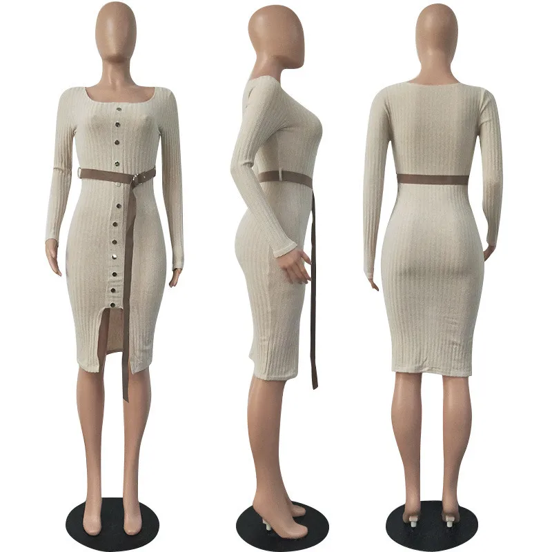 Однотонное трикотажное платье Adogirl в рубчик с поясом на пуговицах длинным