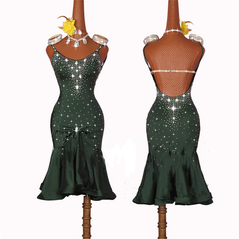 Платье для латиноамериканских танцев темно зеленое платье на бретельках с