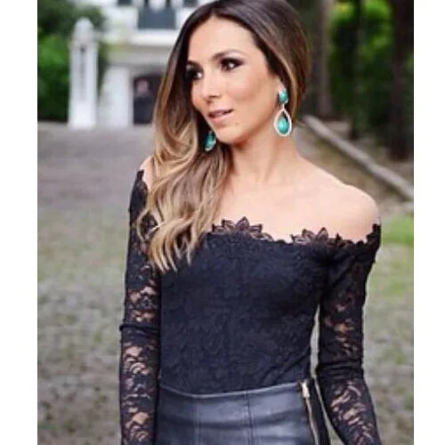Fashion Women Tops Blusas Femininas 2015 Sexy Lace Blouse Mesh Shoulder Long Sleeves Floral Basic Shirt |