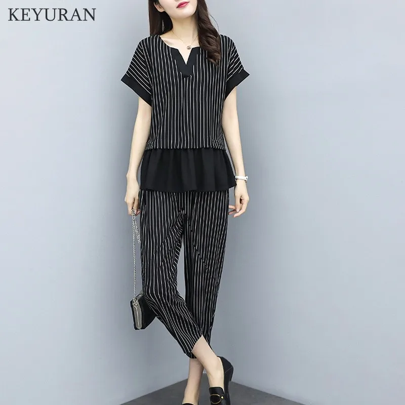 Summer New 2019 Women Fashion Stripe Two Pieces Sets Female Patchwork Tops and Ankle Length Pants Woman Casual Loose Suits L3112 | Женская