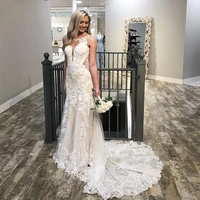 new off the shoulder v neck mermaid wedding dresses 2021 ivory lace applique sleeveless backless champagne lining bridal gowns