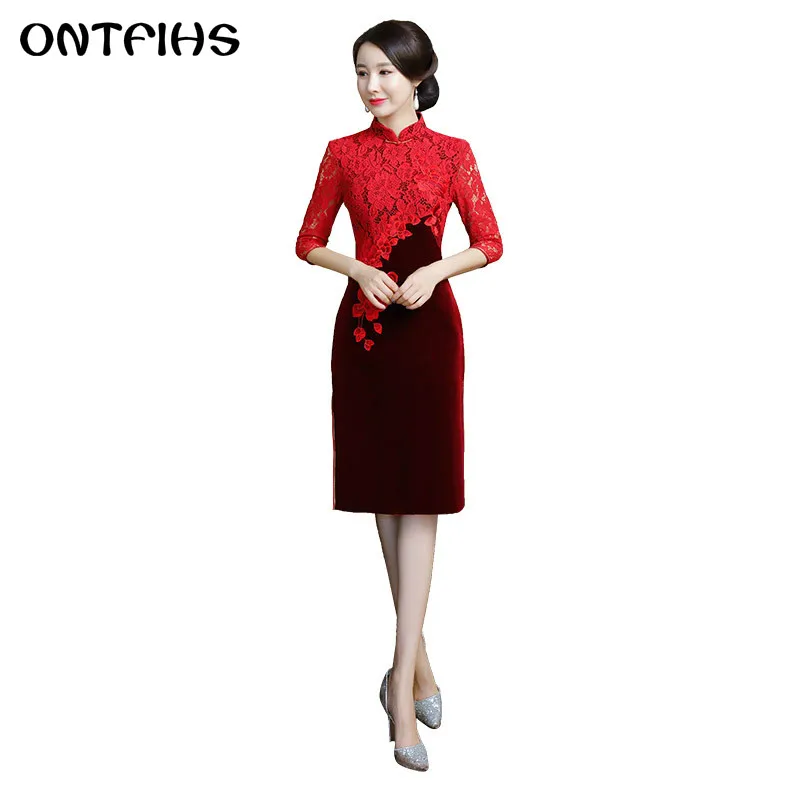 Cheongsam Винтаж китайский Стиль велюр кружевном платье женщина Qipao тонкий Платья для