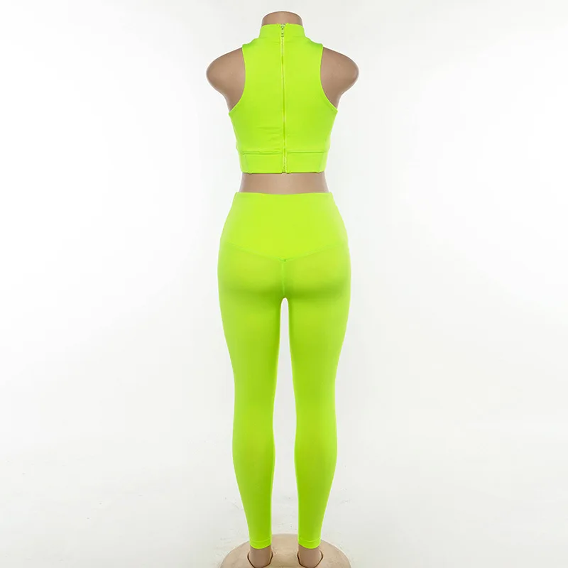 

Summer New Arrival Women's Solid O-Neck Off Shoulder Zipper Crop Top With Pants Leggings Yoga Suit Women Tow Piece Suits