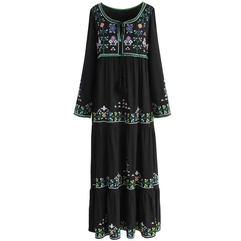 BOHO вдохновленный черный зимнее платье цветочной вышивкой женские макси платья