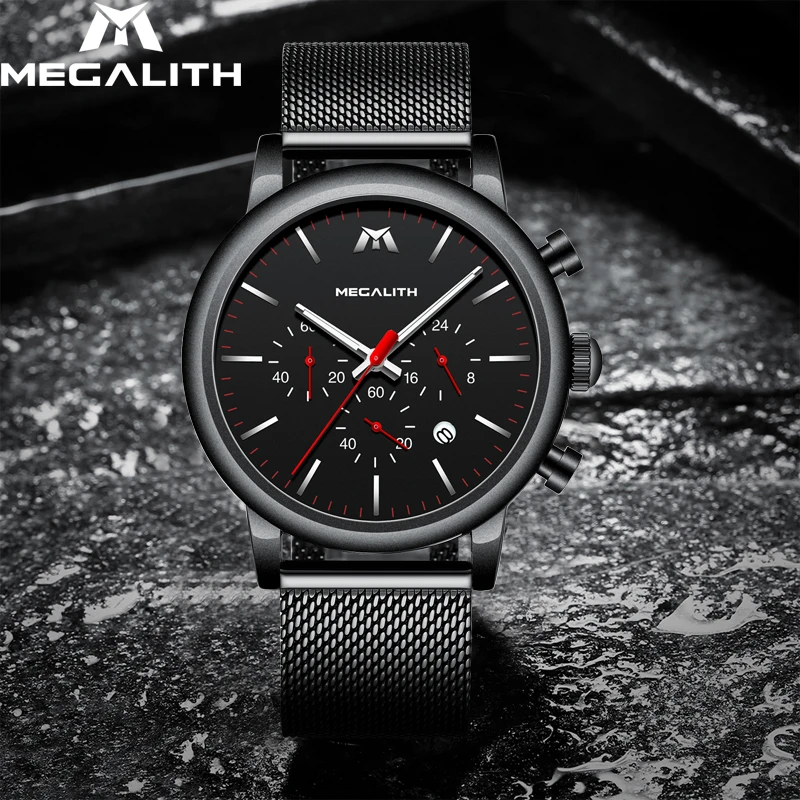 MEGALITH Роскошные Горячие продажи спортивные часы для мужчин бизнес крутые Кварцевые водонепроницаемые часы из нержавеющей стали с сетчатым РЕМЕШКОМ НАРУЧНЫЕ ЧАСЫ