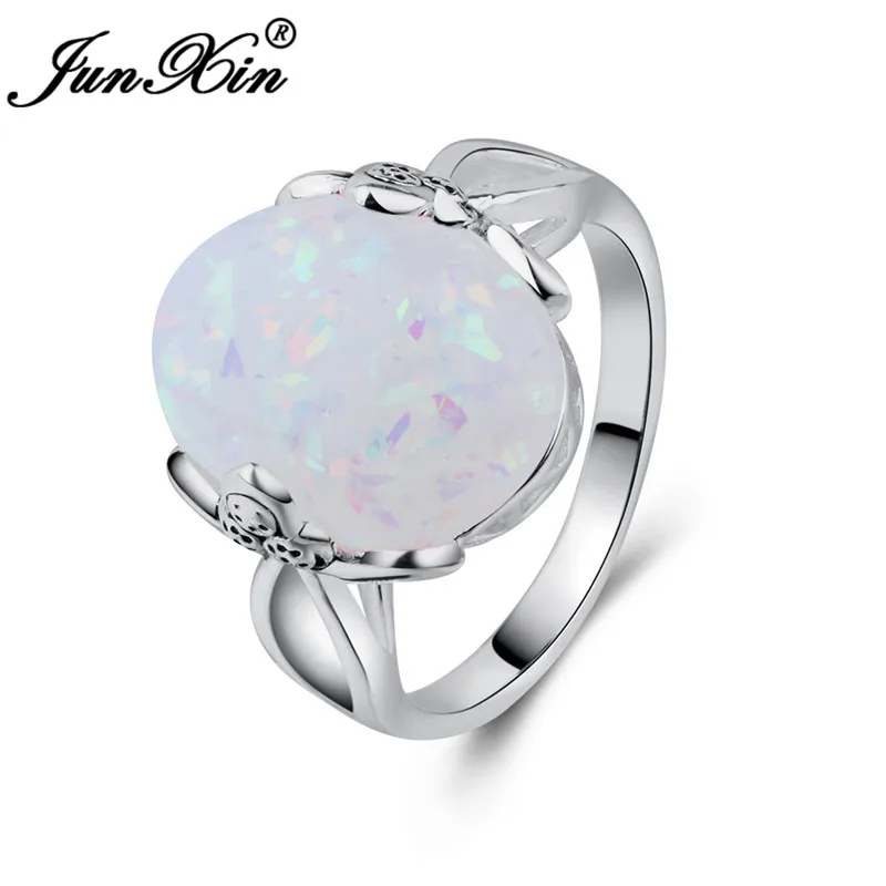 White Opal Ring JUNXIN роскошный большой камень женский мужской кольцо синий/розовый/белый огненный опал кольца для мужчин и женщин античный серебряный цвет Пары обручальное кольцо - Цвет основного камня: White Opal Ring
