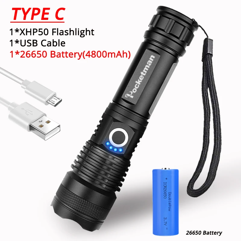C 30000 люменов фонарик с зумом USB Перезаряжаемый 18650 или 26650 Аккумулятор для наружного кемпинга мощный светодиодный фонарь 5 режимов яркого освещения - Испускаемый цвет: C