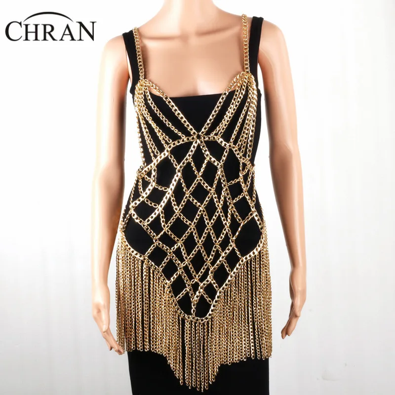 Chran Silver Sexy Women Beach Cover Tassel Dress Halter Necklace New Night Club Backless Skirt Party Chain Bra Harness Jewelry