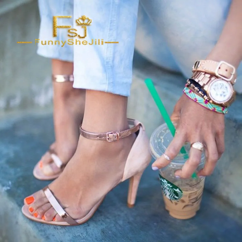 

Blush Open Toe Stiletto Heels Golden Buckle Ankle Strap Sandals Summer Party Night Club Prom Shoes Woman 2019 Plus Size 4-16 FSJ