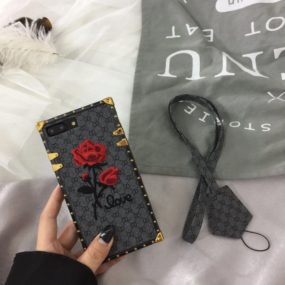 500 шт. винтажный кожаный ремешок с объемной вышивкой розы + ТПУ чехол для iPhone X 8 7 Plus