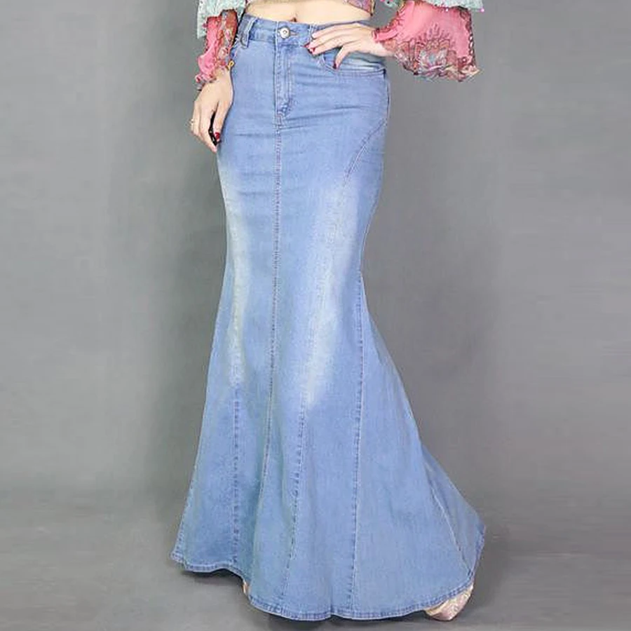 

Spring Summer Womens Casual Denim Ruffle Irregular Floor Length Long Skirt , Female Woman Bleached Placket Trumpet Jeans Skirts