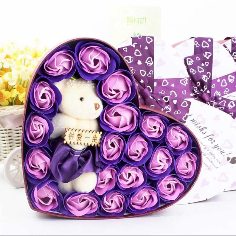 

New 20pcs Rose Soap Flowers Bear Soap Flower Gift Box Wedding Gifts For Guests Valentine's Day Present Birthday Gift Souvenir