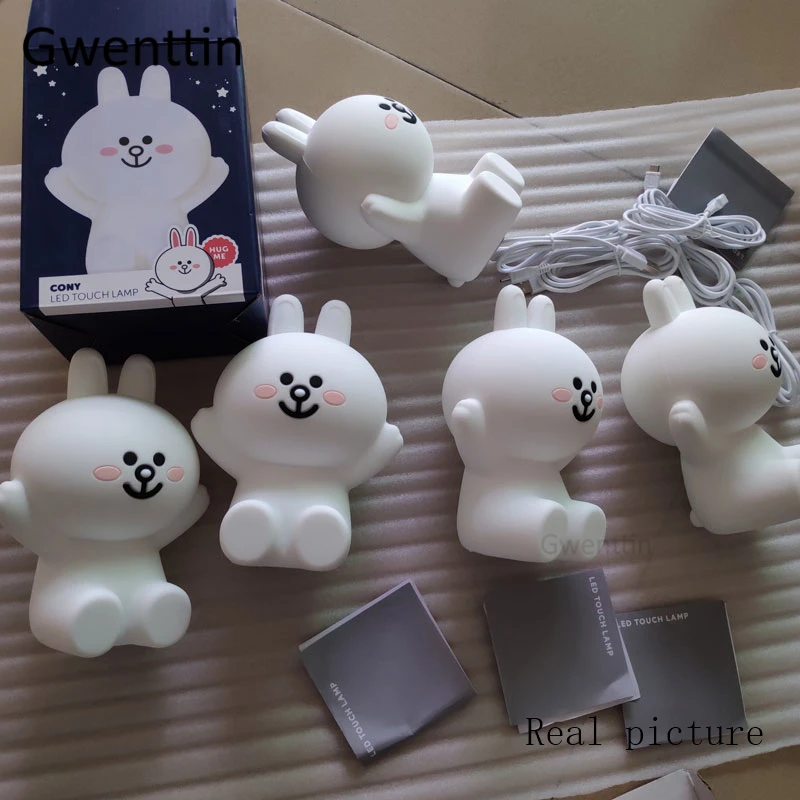 Line Friends, медведь, кролик кони, ночной Светильник для маленьких детей, прикроватная лампа для спальни, светодиодный USB сенсорный зарядный силиконовый светильник, настольные лампы