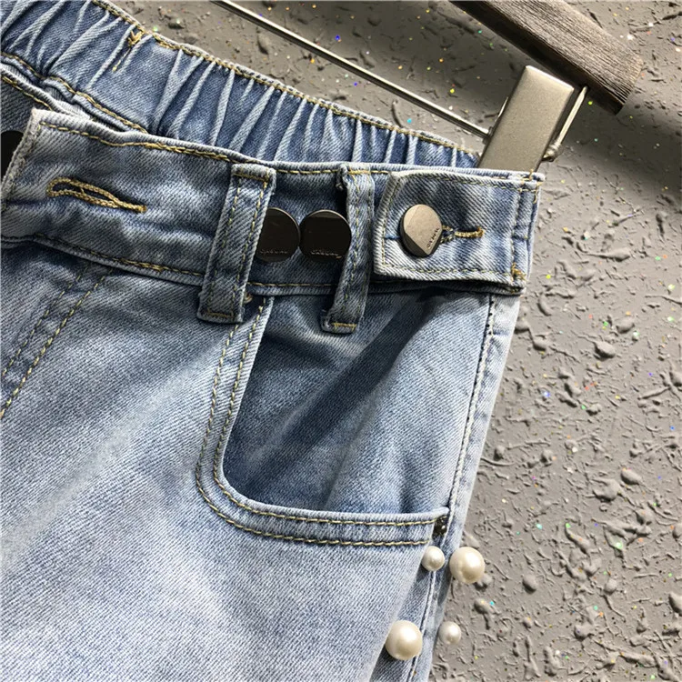 

2020 summer new fashion jeans women personality side beaded slim high waist loose beam harem pants