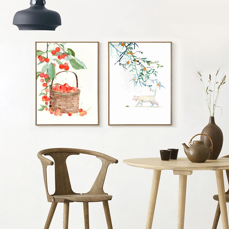Japanese Fresh Rural Watercolor Plant Flowers Cherry Cat Canvas Painting Nordic Room Restaurant Decor Poster Animal Wall Picture | Дом и сад