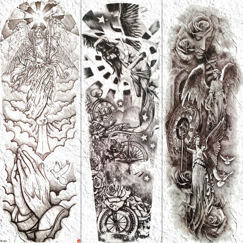 

YURAN Men Women Body Art Temporary Tattoos Full Arm Leg Falling Angle Fake Tatoos Washable Clock Compass Flower Tattoo Stickers