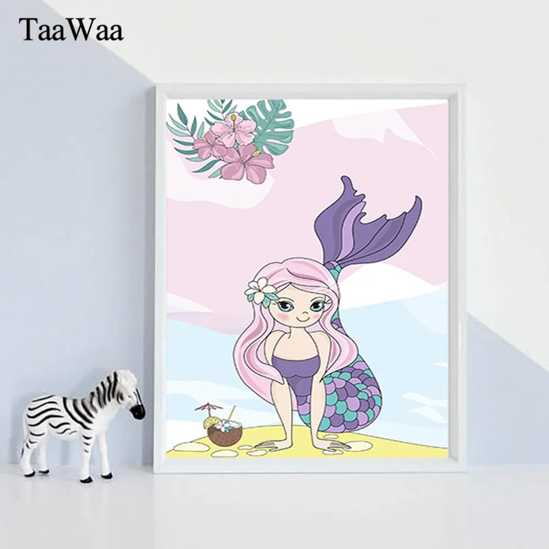 

TAAWAA Cartoon Mermaid Animal Canvas Wall Art Nursery Painting Poster and Print Nordic Decorative Picture For Kids Room Decor