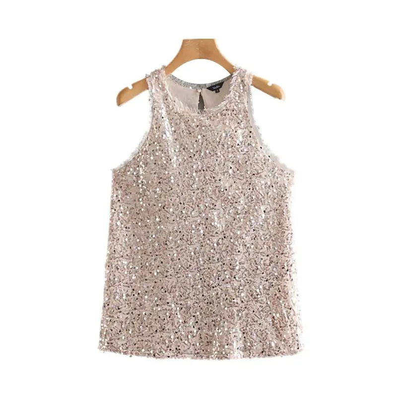 Вадим Женщины chic mesh crop top блестками майки femininas с круглым вырезом Топы на бретельках Сплит Рубашка без рукавов повседневные топы WA293 - Цвет: as picture