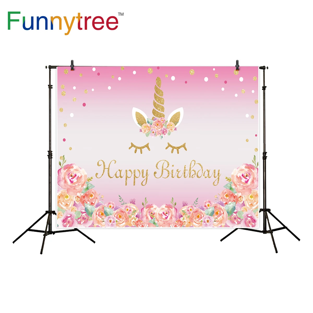 Фон Funnytree для фотосъемки ЕДИНОРОГ розовый цветок день рождения десерт стол