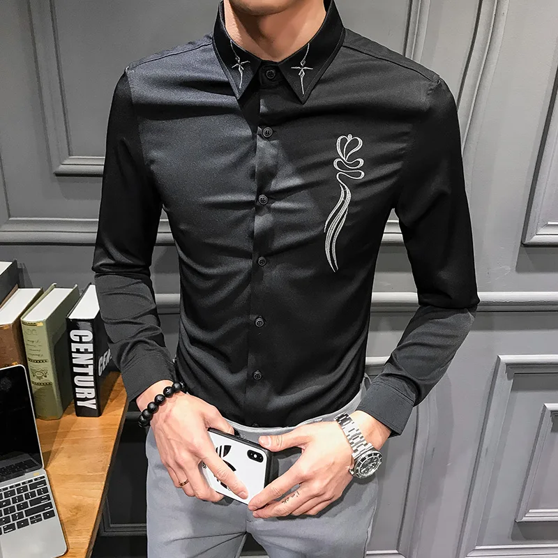2019 новая весенняя рубашка с длинными рукавами Мужская брендовая вышивка мужские