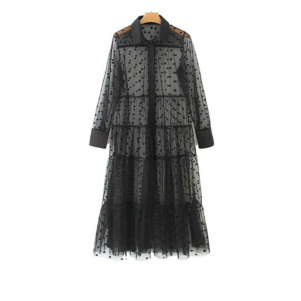 Черный Women Mesh Sheer Transparent Polka Dot Lace Cover up V Neck Button Down Maxi Dress See-through Party Clubwear Beach Dress - Цвет: Черный