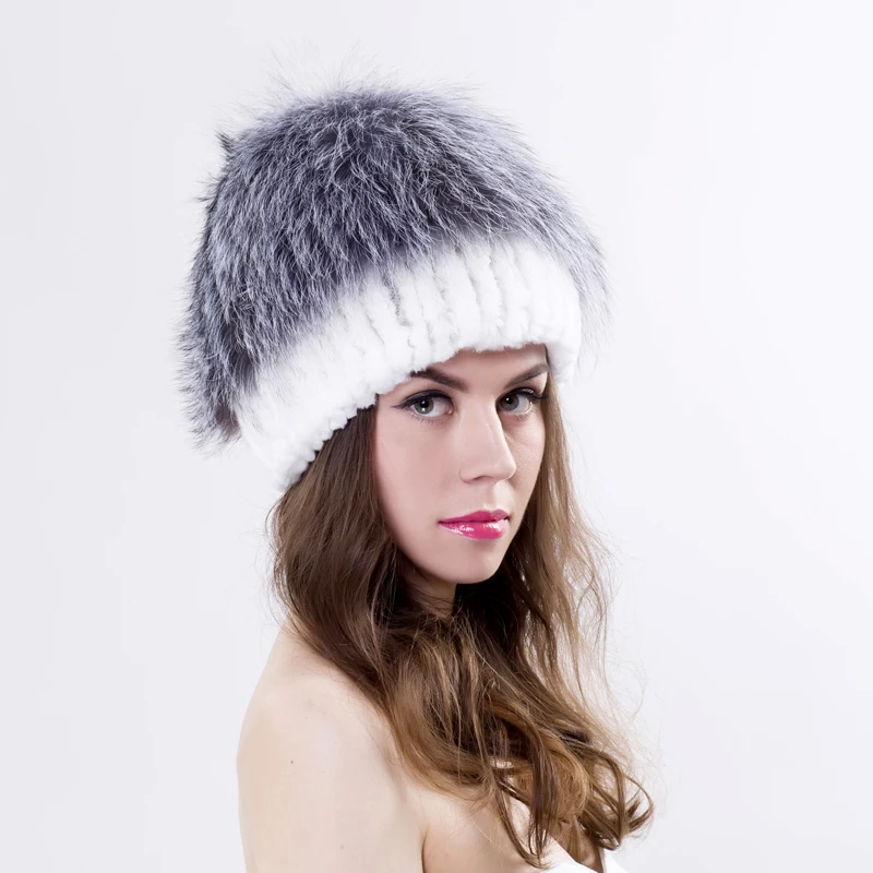 Winter women rex rabbit fur hat with whole fox fur top fashion knit fur hats elasitc good quality women beanies